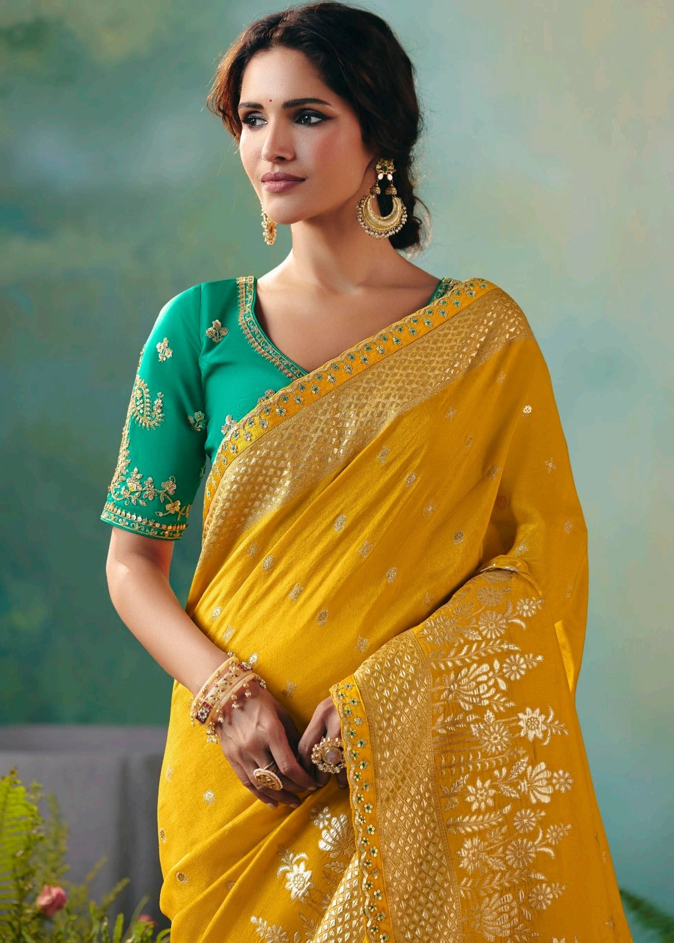Yellow Banarasi Silk Bridal Saree & Green Embroidered Blouse