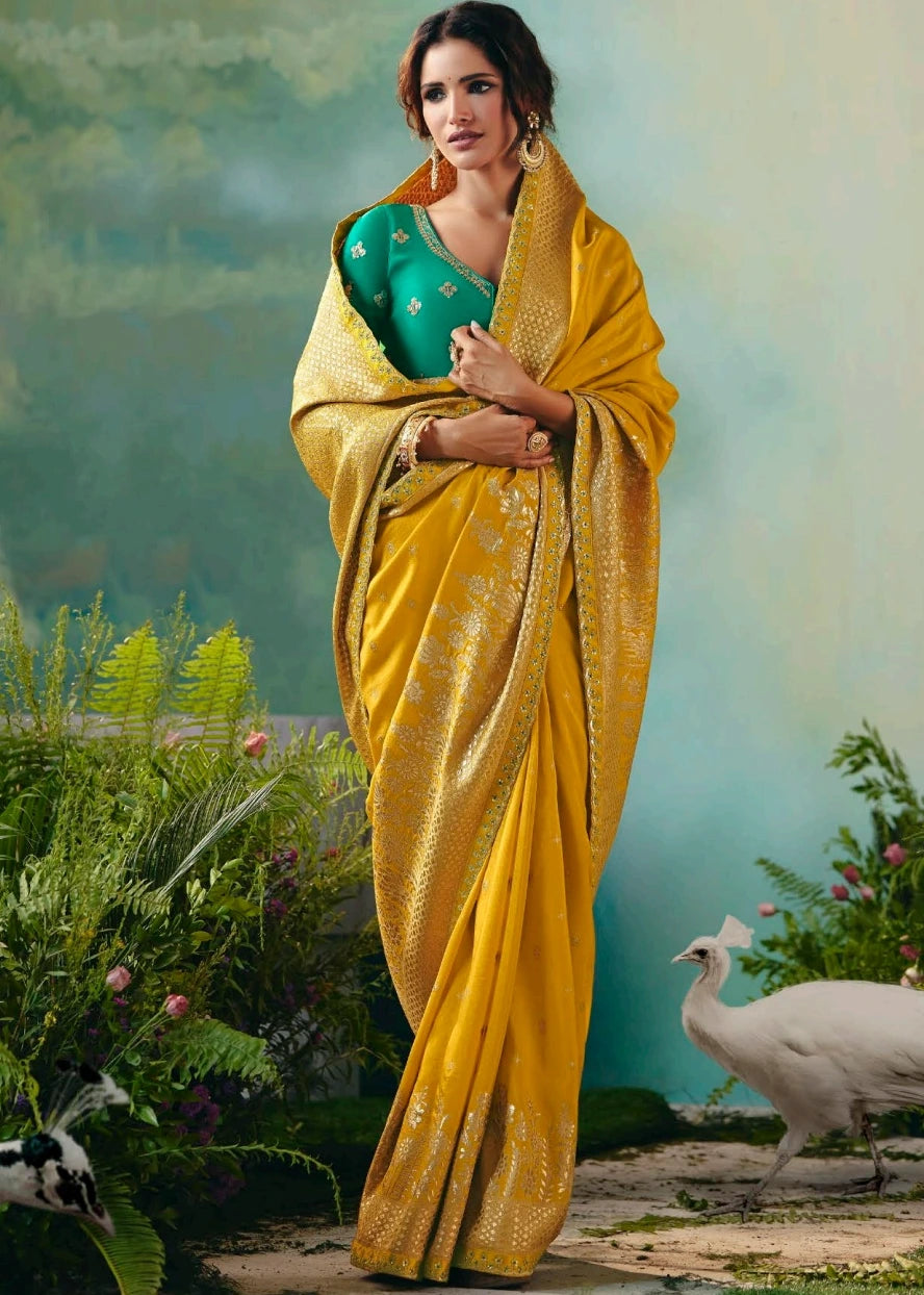 Yellow Banarasi Silk Bridal Saree & Green Embroidered Blouse