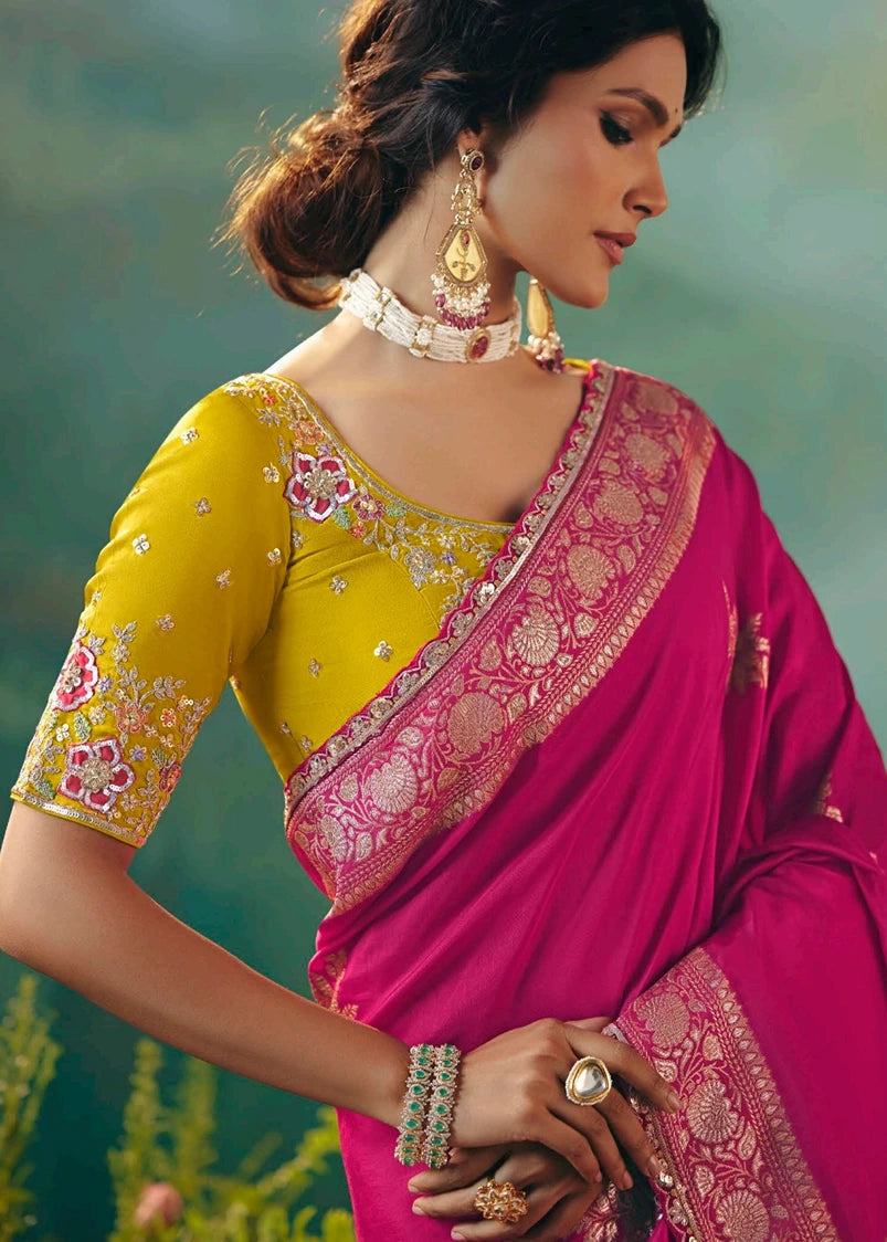 Rani Pink Banarasi Silk Bridal Saree & Yellow Embroidered Blouse