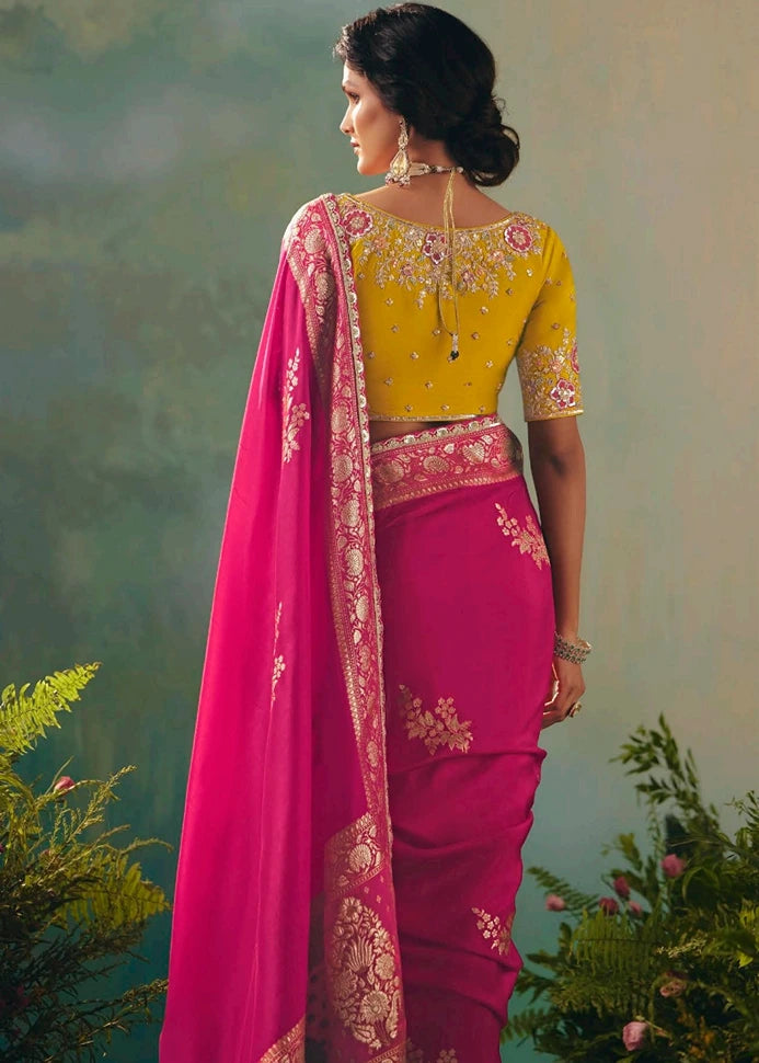 Rani Pink Banarasi Silk Bridal Saree & Yellow Embroidered Blouse