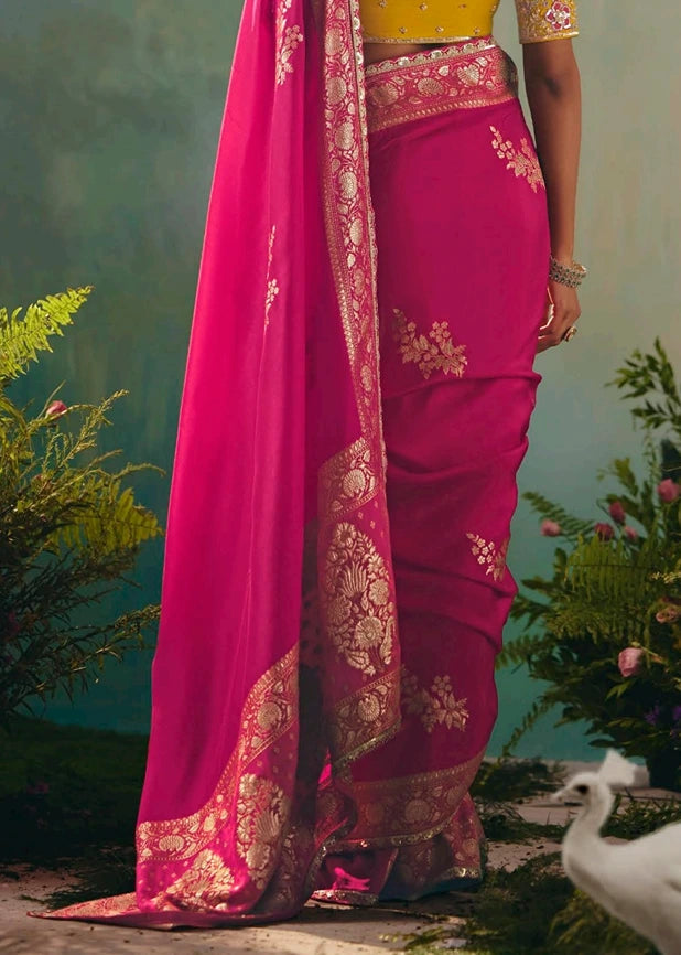 Rani Pink Banarasi Silk Bridal Saree & Yellow Embroidered Blouse
