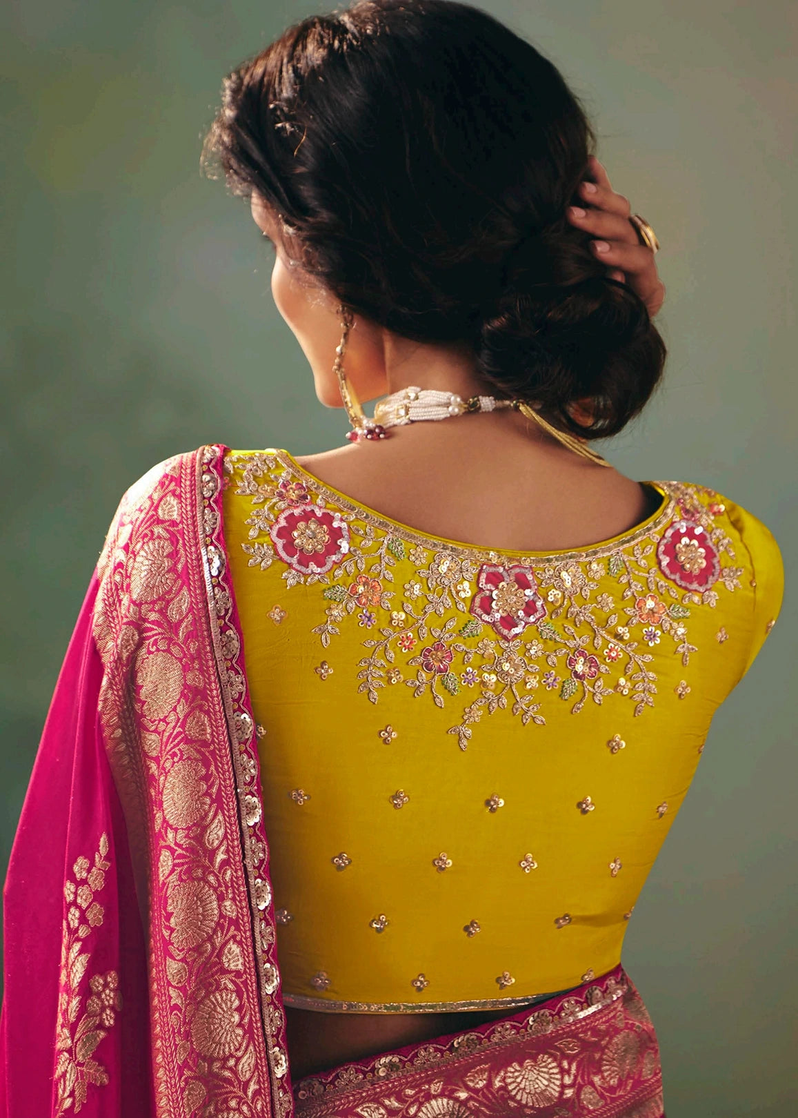 Rani Pink Banarasi Silk Bridal Saree & Yellow Embroidered Blouse