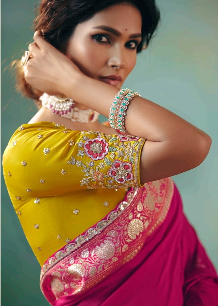 Rani Pink Banarasi Silk Bridal Saree & Yellow Embroidered Blouse
