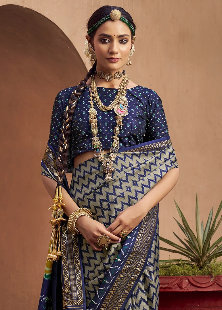 Grey & Navy Blue Patola Silk Saree