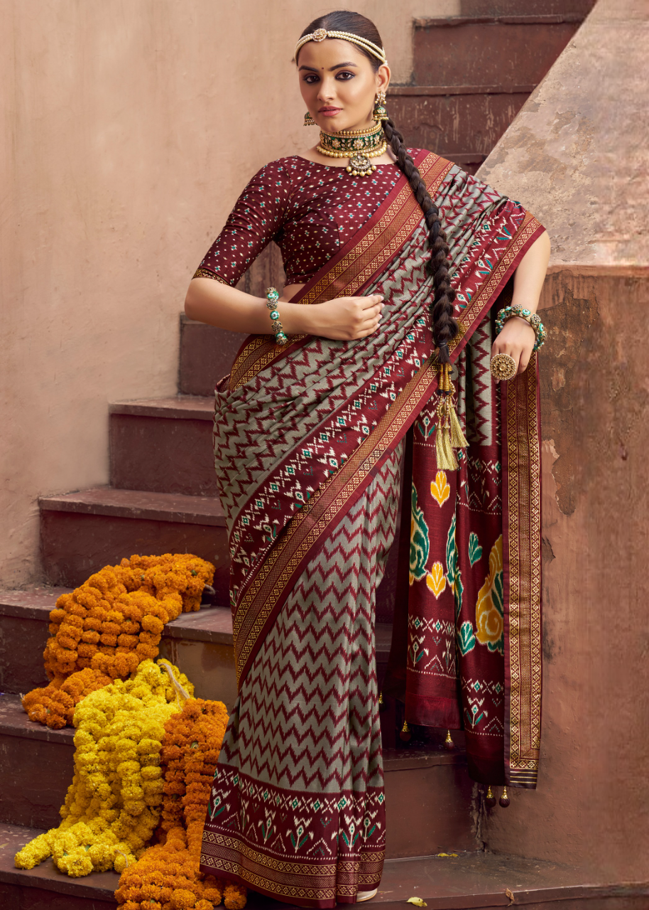 Grey & Maroon Red Patola Silk Saree