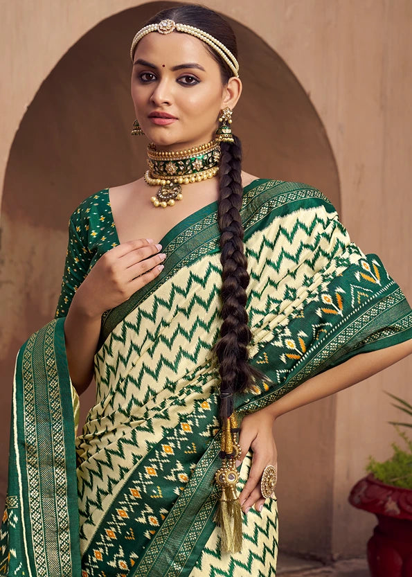 Green & Cream Patola Silk Saree