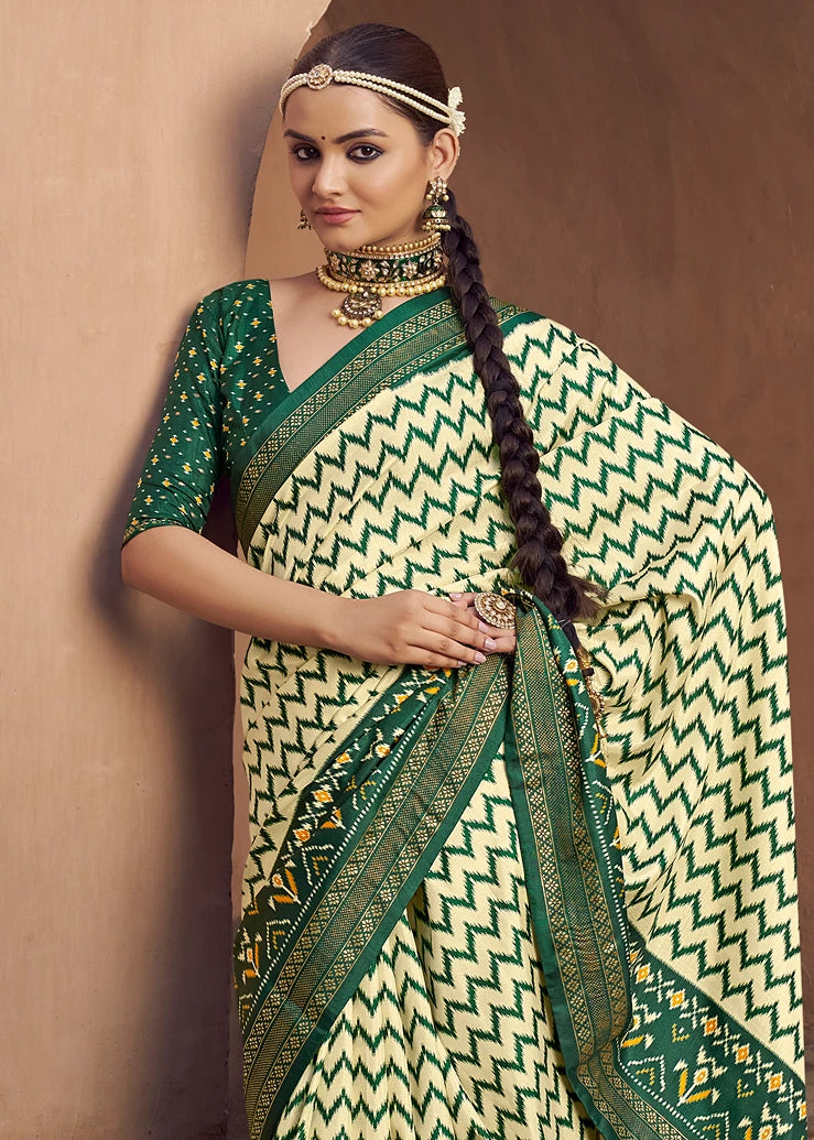 Green & Cream Patola Silk Saree
