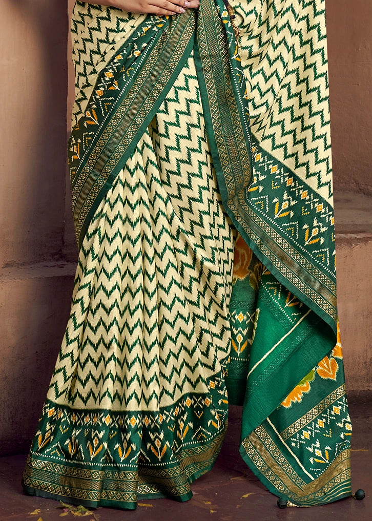Green & Cream Patola Silk Saree