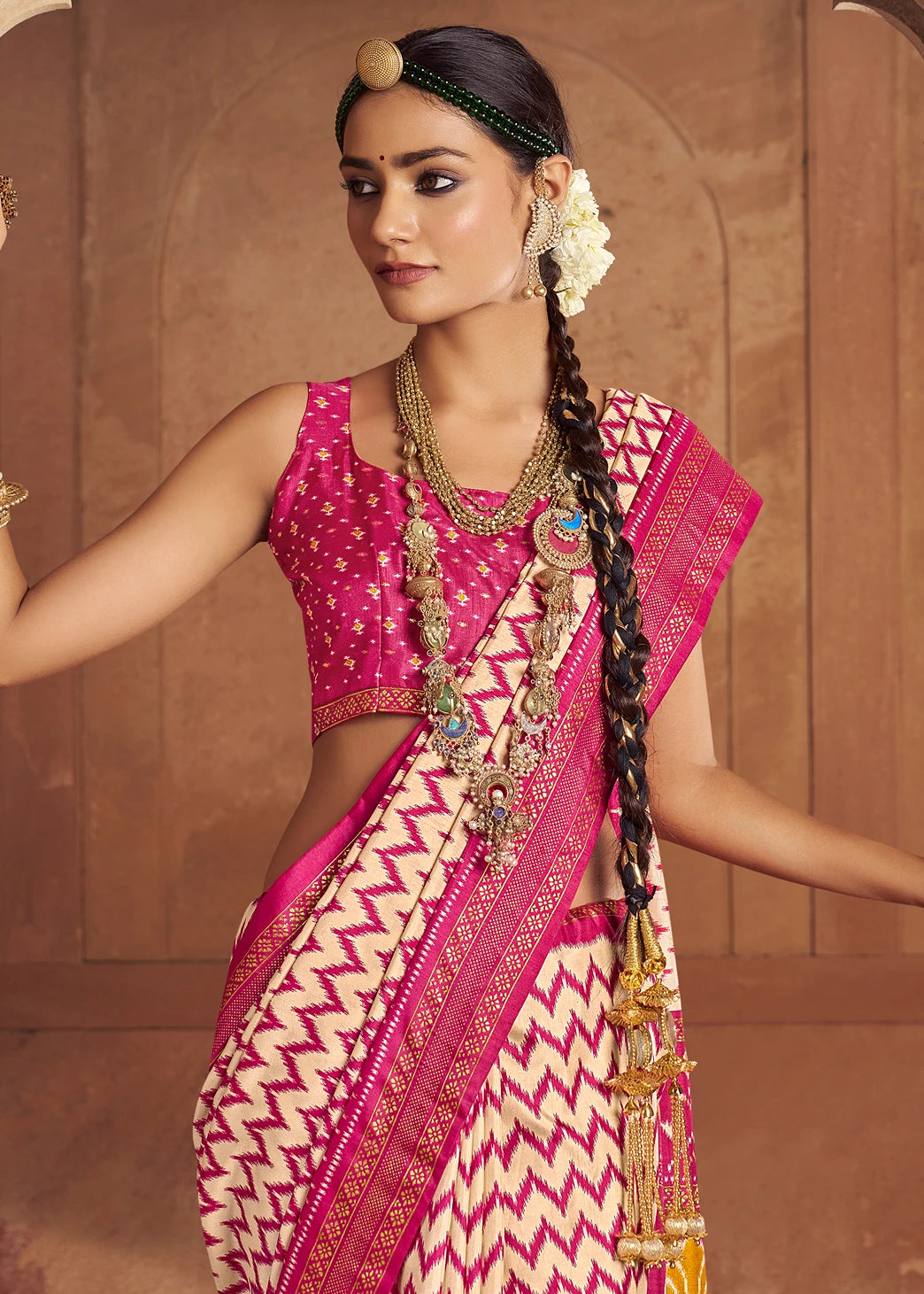 Rani Pink & Cream Patola Silk Saree