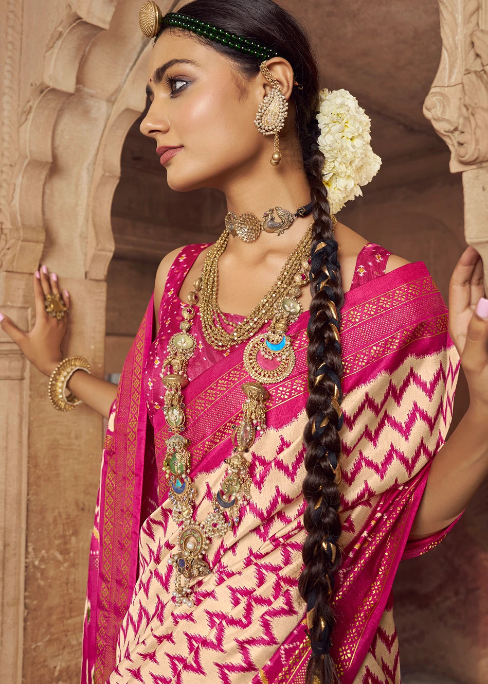 Rani Pink & Cream Patola Silk Saree