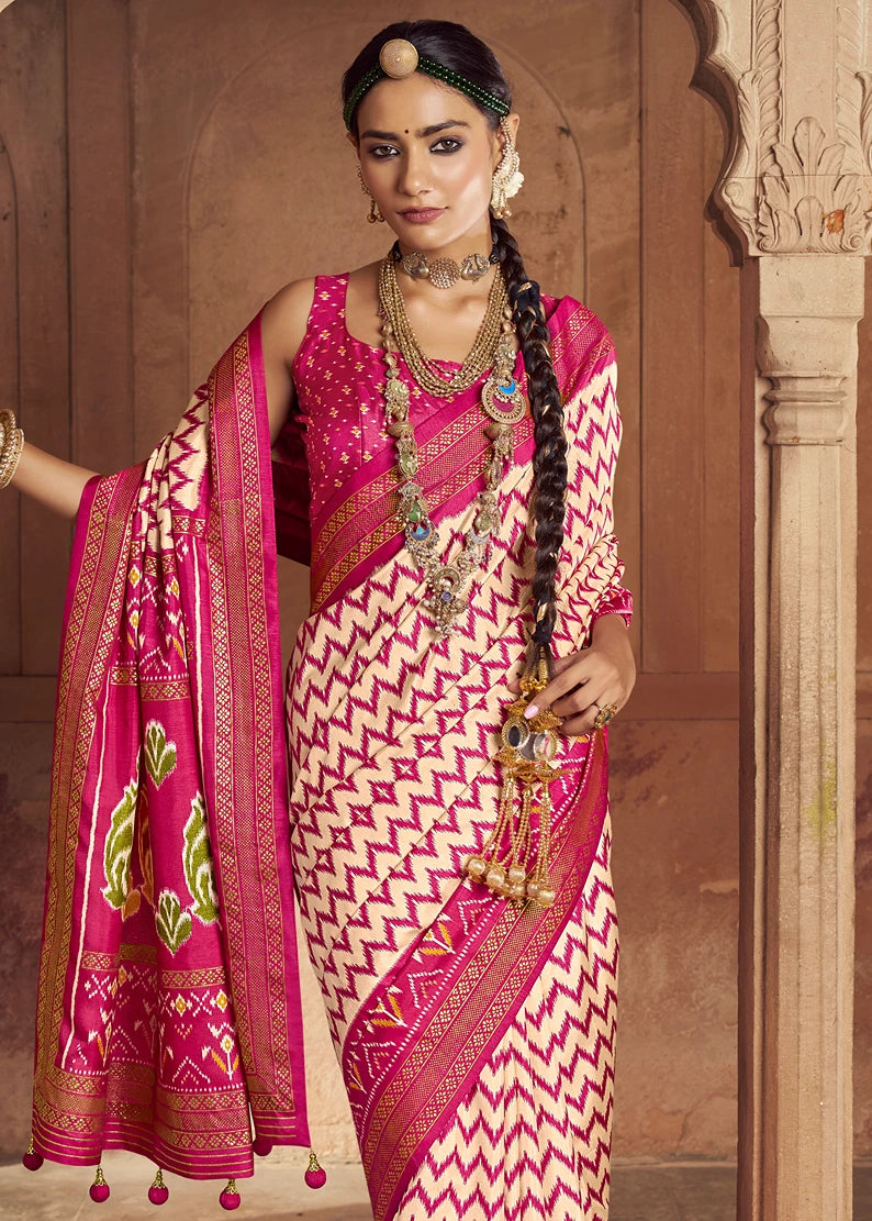 Rani Pink & Cream Patola Silk Saree