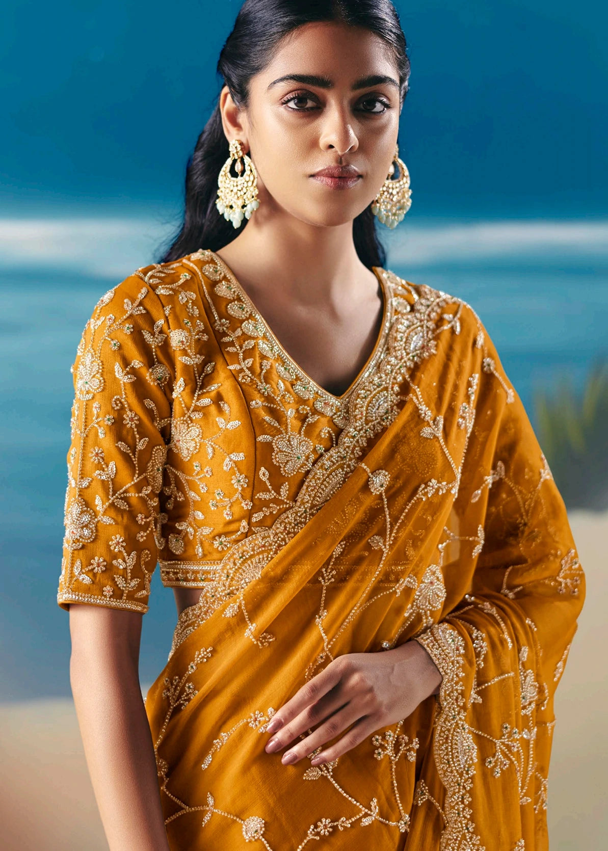 Mustard Yellow Organza Tissue Silk Hand Embroidered Bridal Saree