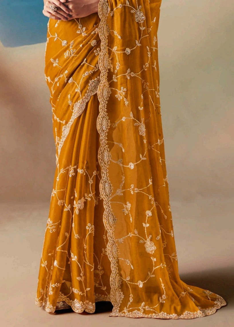 Mustard Yellow Organza Tissue Silk Hand Embroidered Bridal Saree
