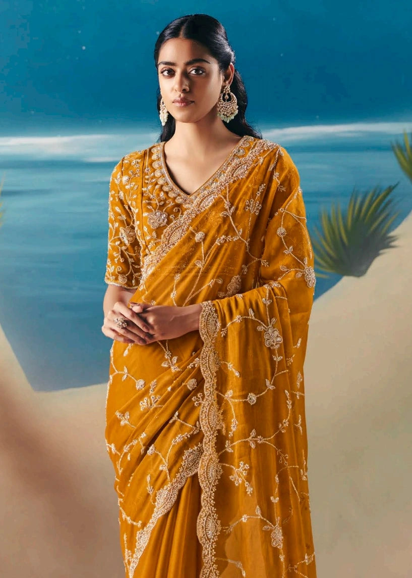Mustard Yellow Organza Tissue Silk Hand Embroidered Bridal Saree