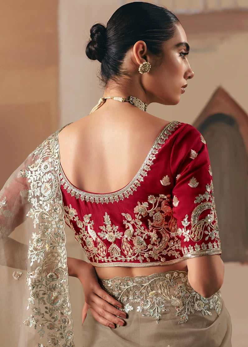 Beige Organza Tissue Silk Embroidered Bridal Saree & Red Blouse
