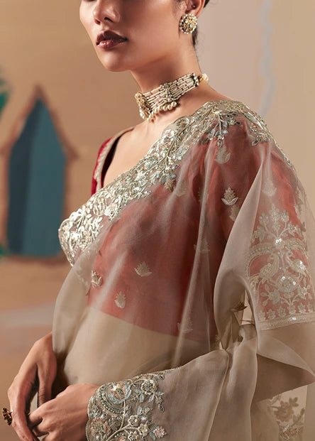 Beige Organza Tissue Silk Embroidered Bridal Saree & Red Blouse