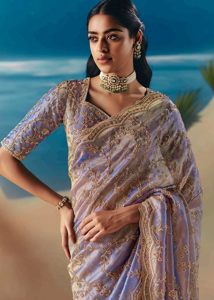 Lavender Purple Organza Tissue Silk Hand Embroidered Bridal Saree