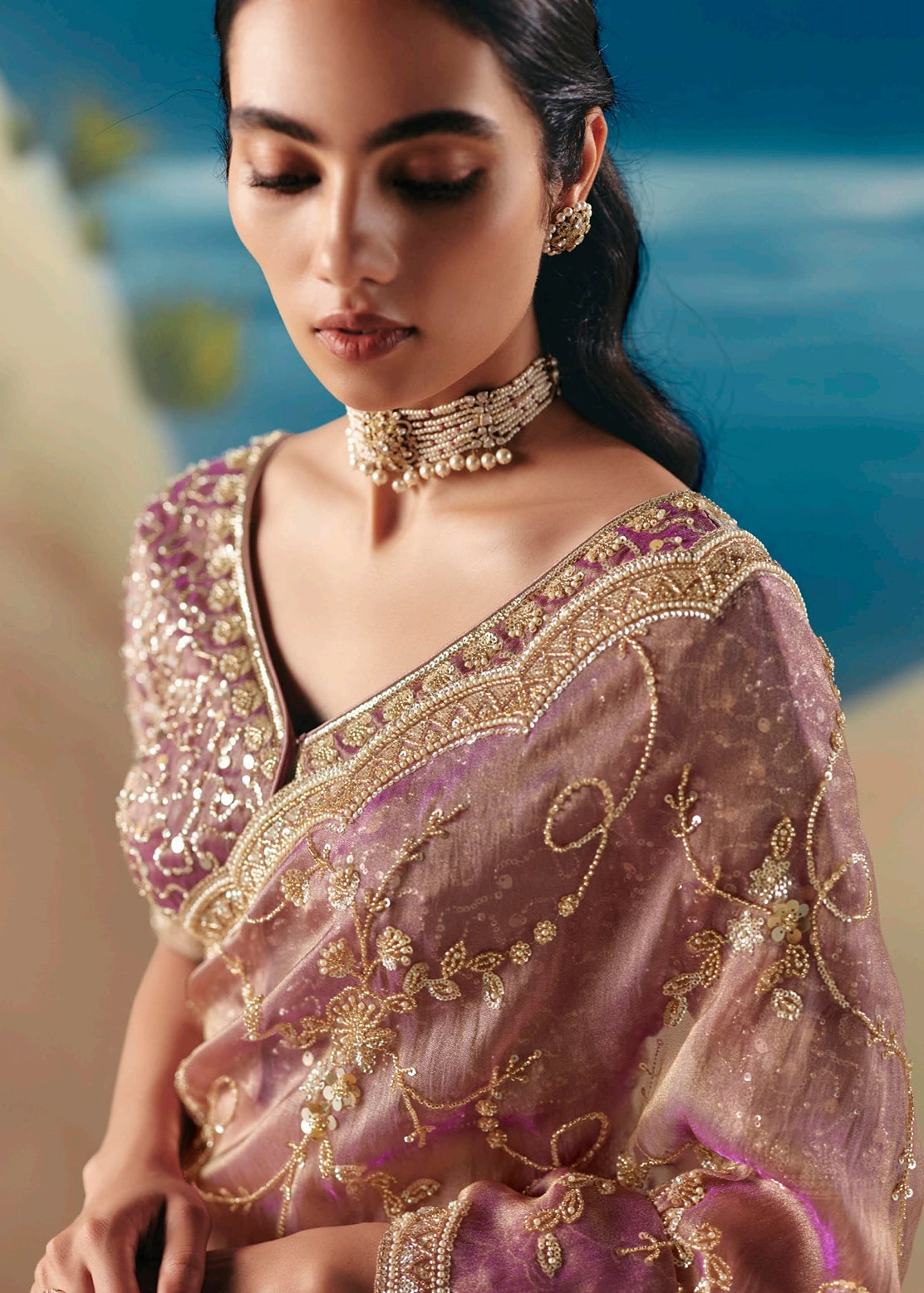 Pastel Pink Organza Tissue Silk Hand Embroidered Bridal Saree