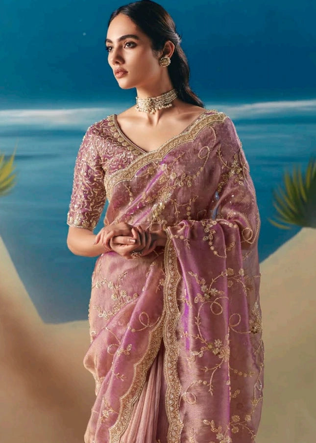 Pastel Pink Organza Tissue Silk Hand Embroidered Bridal Saree