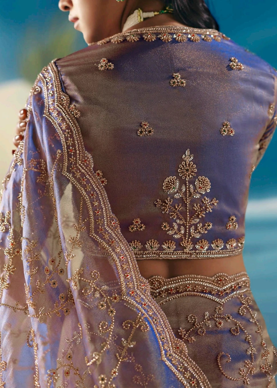 Lavender Purple Organza Tissue Silk Hand Embroidered Bridal Saree