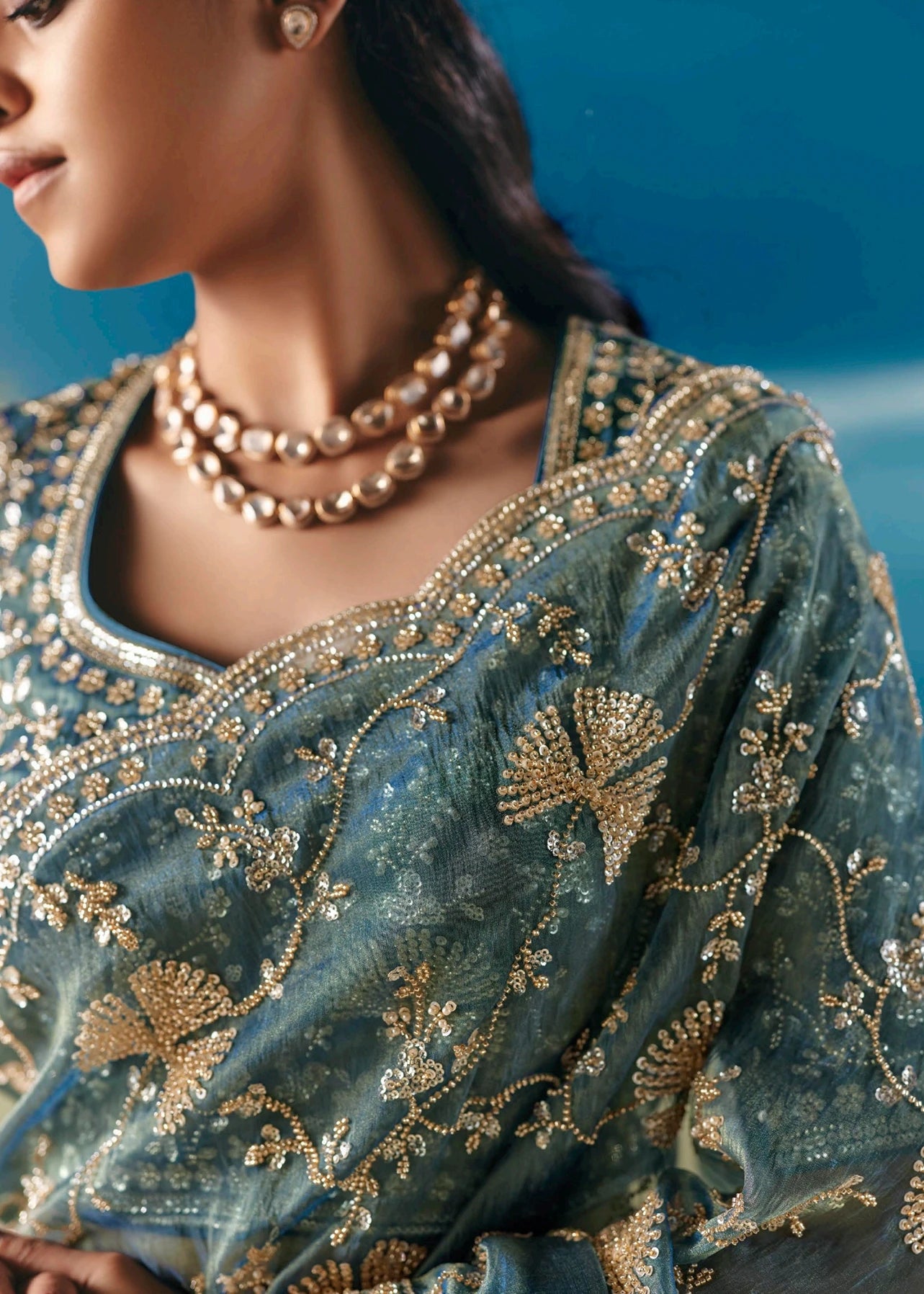 Teal Blue Organza Tissue Silk Hand Embroidered Bridal Saree