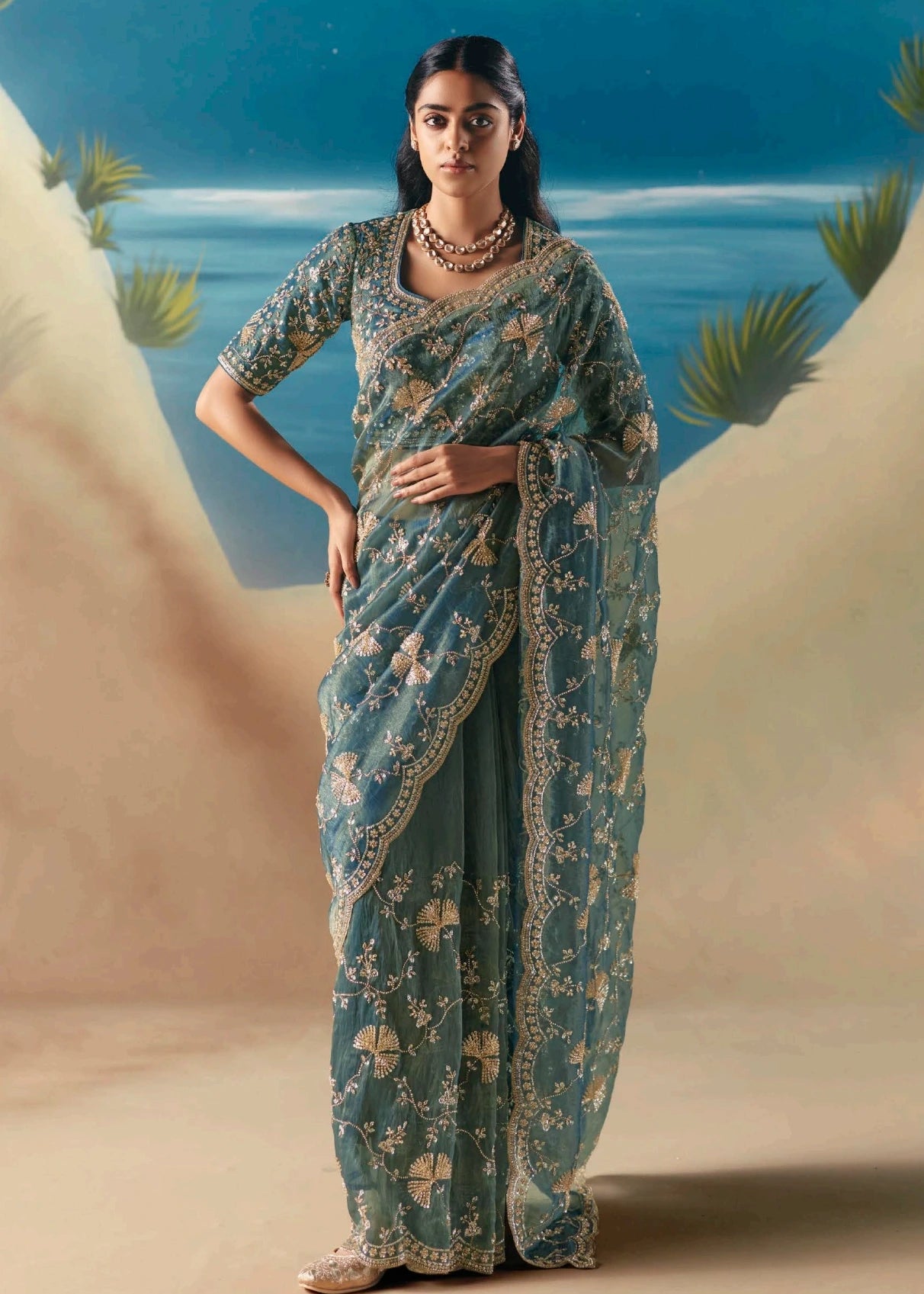Teal Blue Organza Tissue Silk Hand Embroidered Bridal Saree