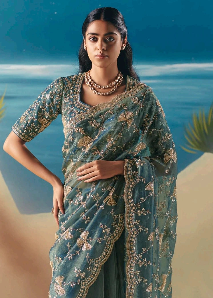 Teal Blue Organza Tissue Silk Hand Embroidered Bridal Saree