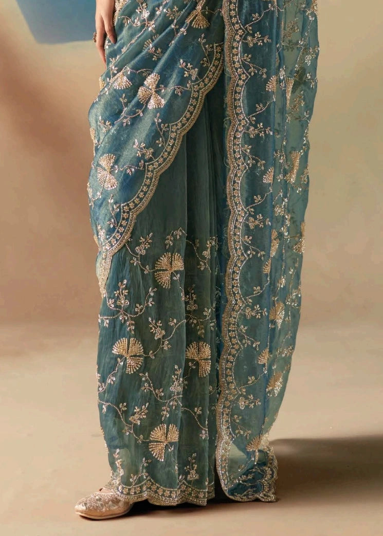 Teal Blue Organza Tissue Silk Hand Embroidered Bridal Saree