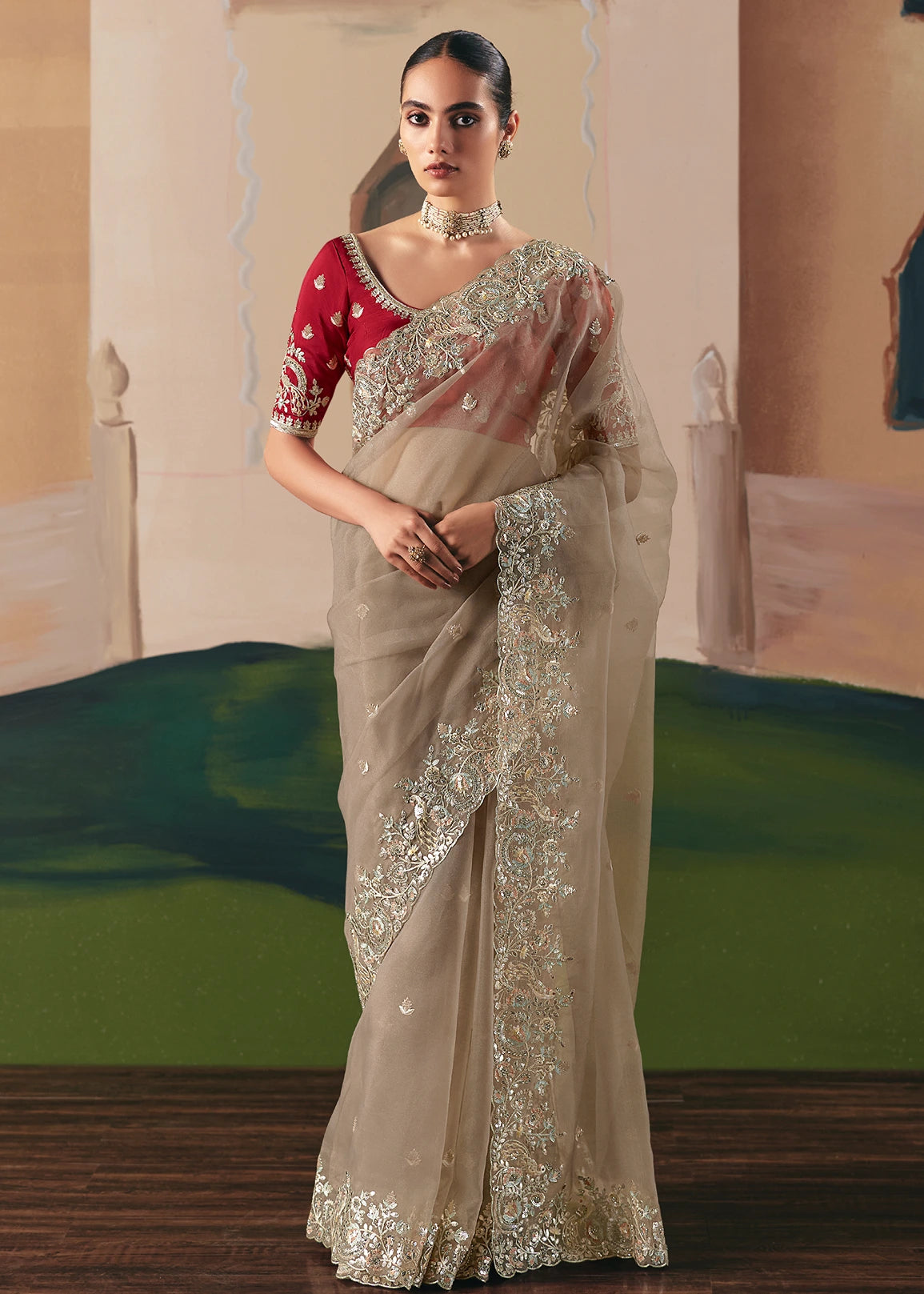 Beige Organza Tissue Silk Embroidered Bridal Saree & Red Blouse