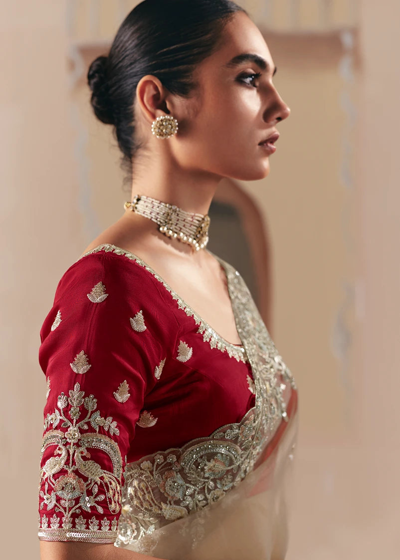 Beige Organza Tissue Silk Embroidered Bridal Saree & Red Blouse