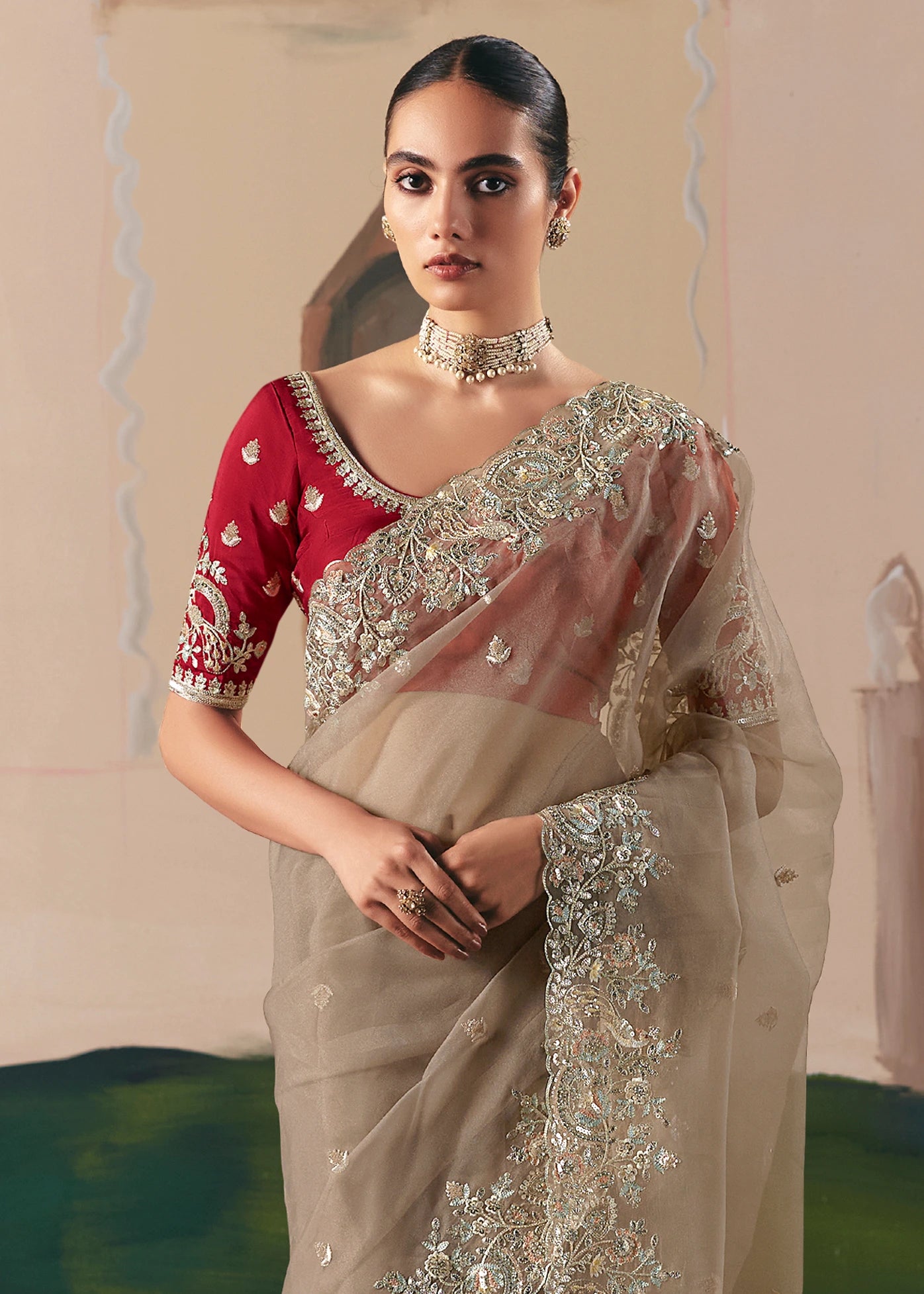 Beige Organza Tissue Silk Embroidered Bridal Saree & Red Blouse
