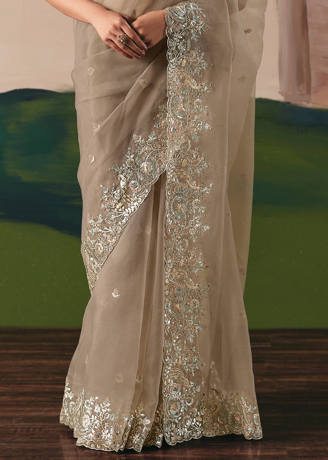 Beige Organza Tissue Silk Embroidered Bridal Saree & Red Blouse