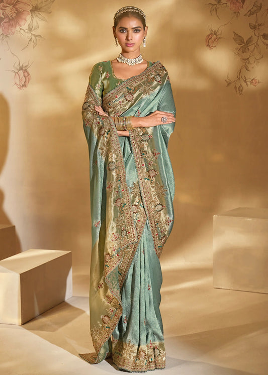 Aqua Blue & Golden Kanjivaram Silk Embroidered Bridal Saree