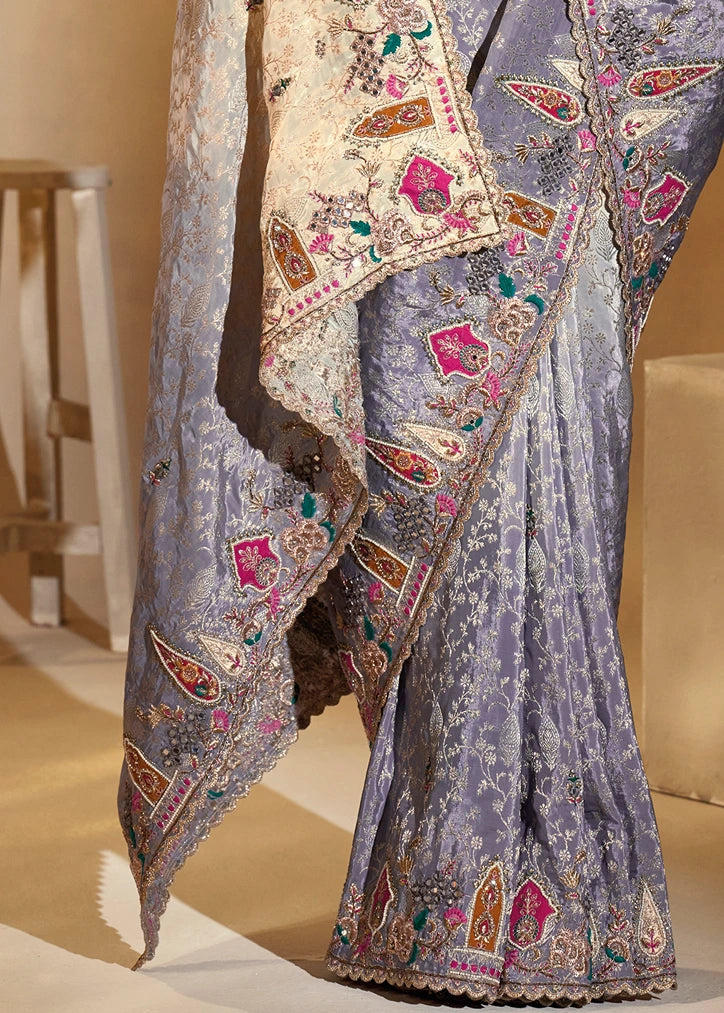 Cream & Greyish Purple Ombre Effect Banarasi Crepe Silk Embroidered Bridal Saree