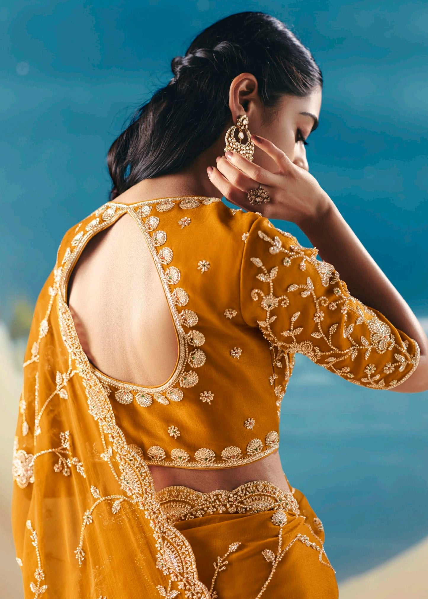 Mustard Yellow Organza Tissue Silk Hand Embroidered Bridal Saree