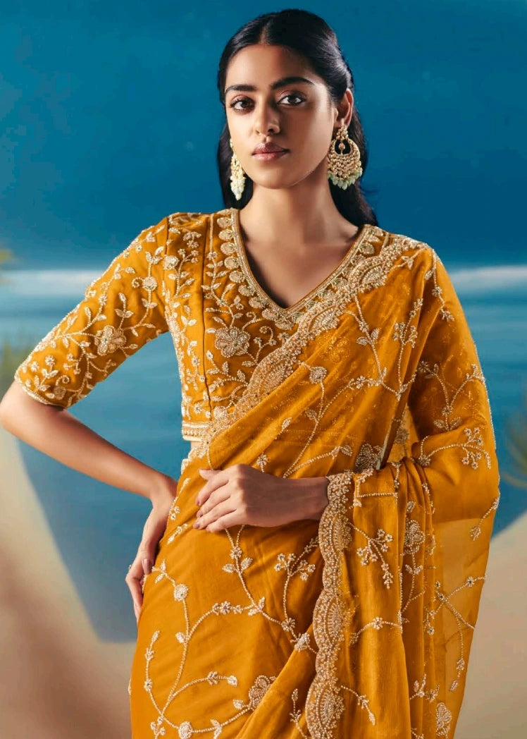 Mustard Yellow Organza Tissue Silk Hand Embroidered Bridal Saree