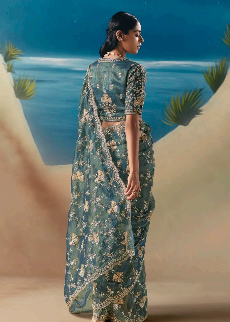 Teal Blue Organza Tissue Silk Hand Embroidered Bridal Saree