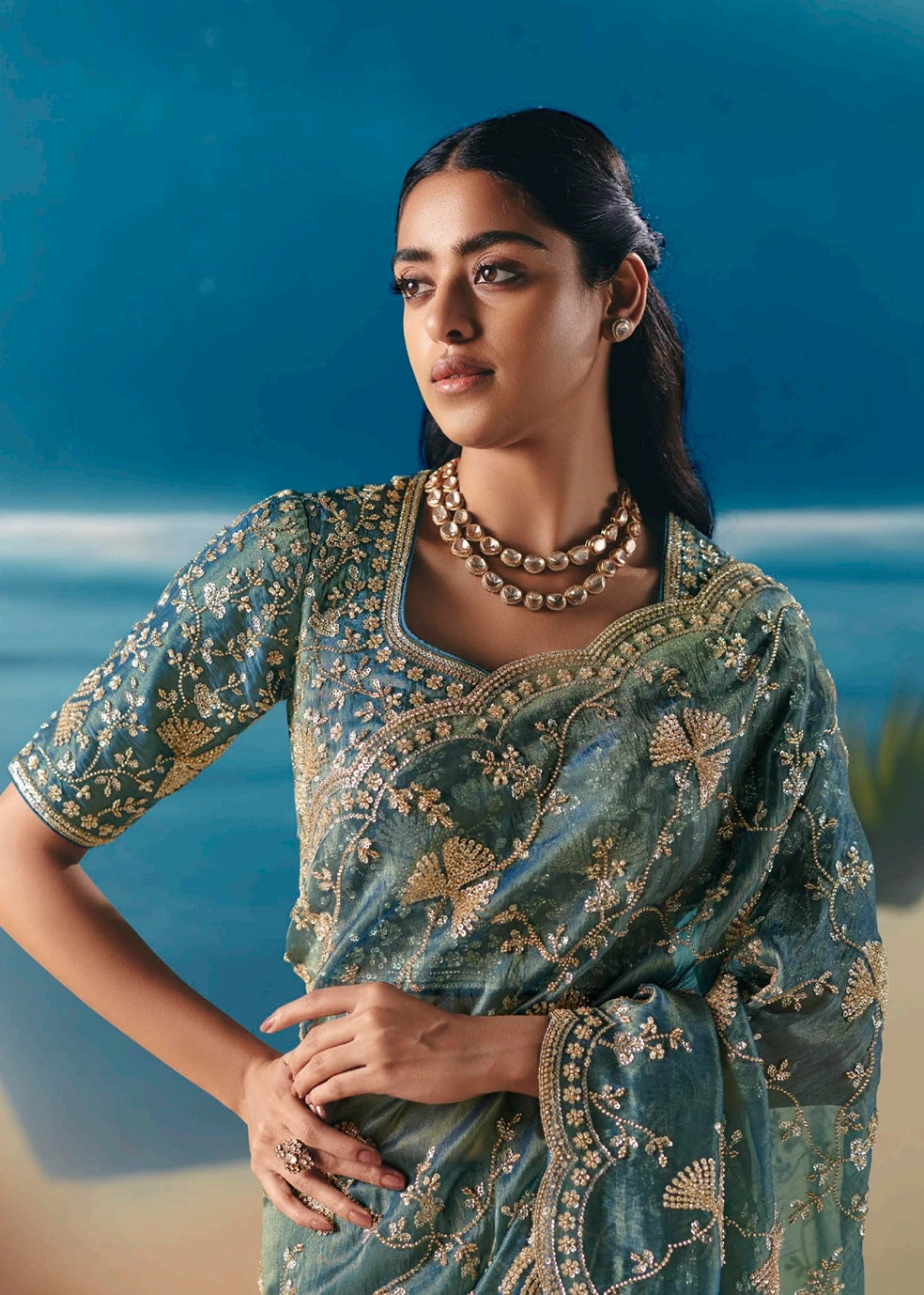 Teal Blue Organza Tissue Silk Hand Embroidered Bridal Saree