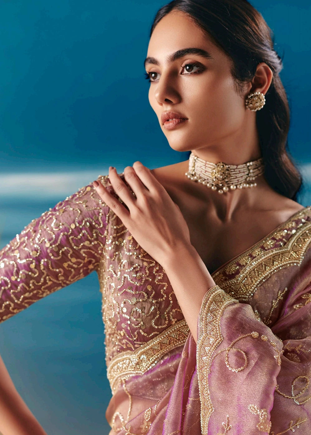Pastel Pink Organza Tissue Silk Hand Embroidered Bridal Saree