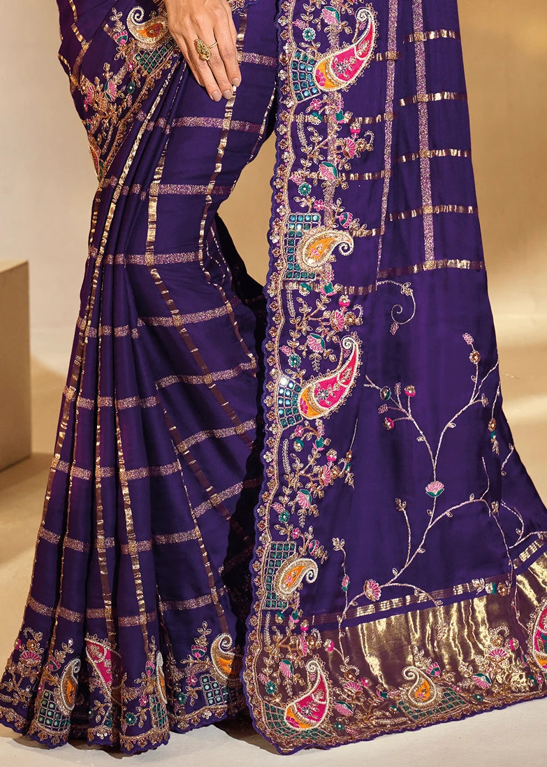 Violet Purple Banarasi Gajji Silk Embroidered Bridal Gharchola Saree
