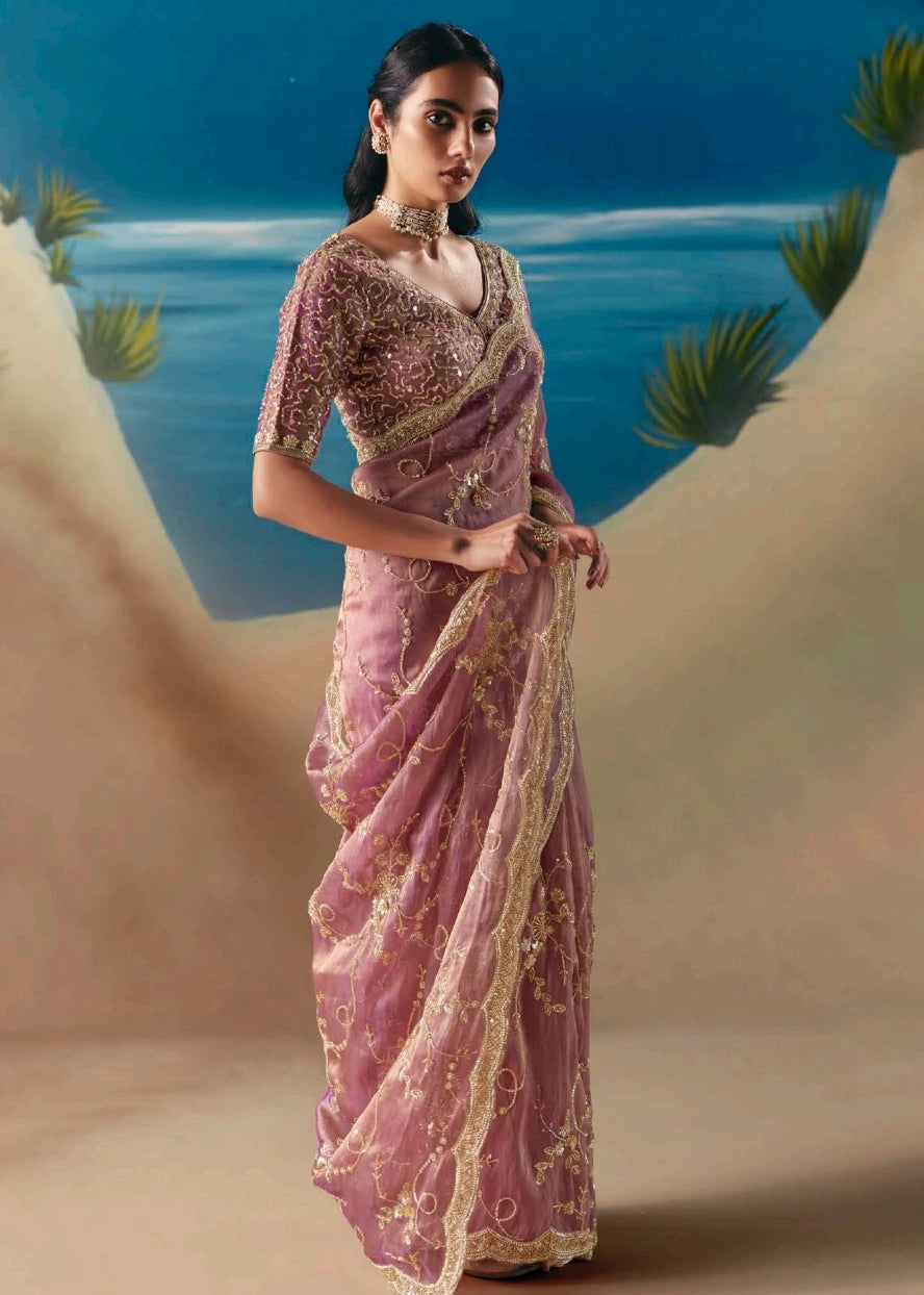 Pastel Pink Organza Tissue Silk Hand Embroidered Bridal Saree