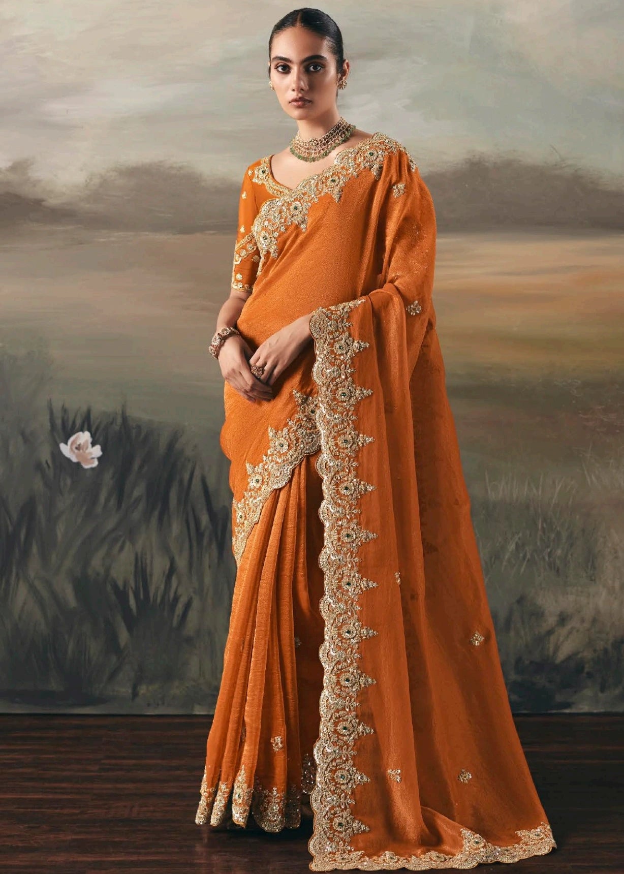 Orange Organza Tissue Silk Embroidered Bridal Saree