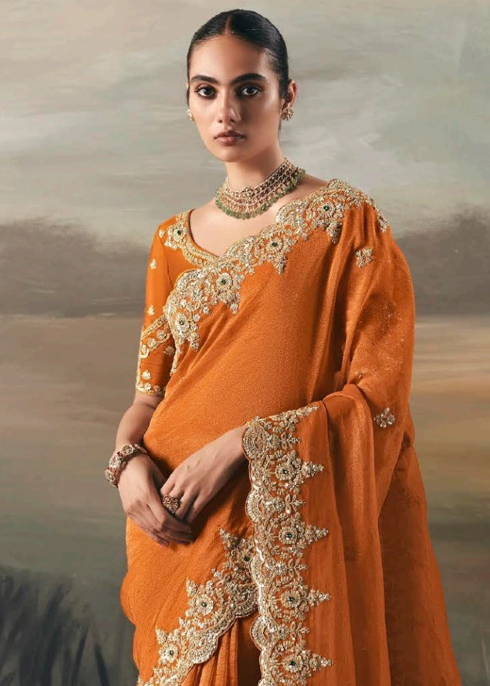 Orange Organza Tissue Silk Embroidered Bridal Saree