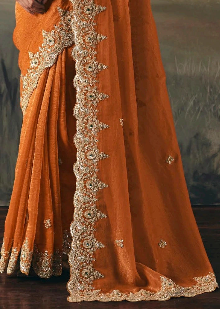 Orange Tissue Silk Embroidered Bridal Saree
