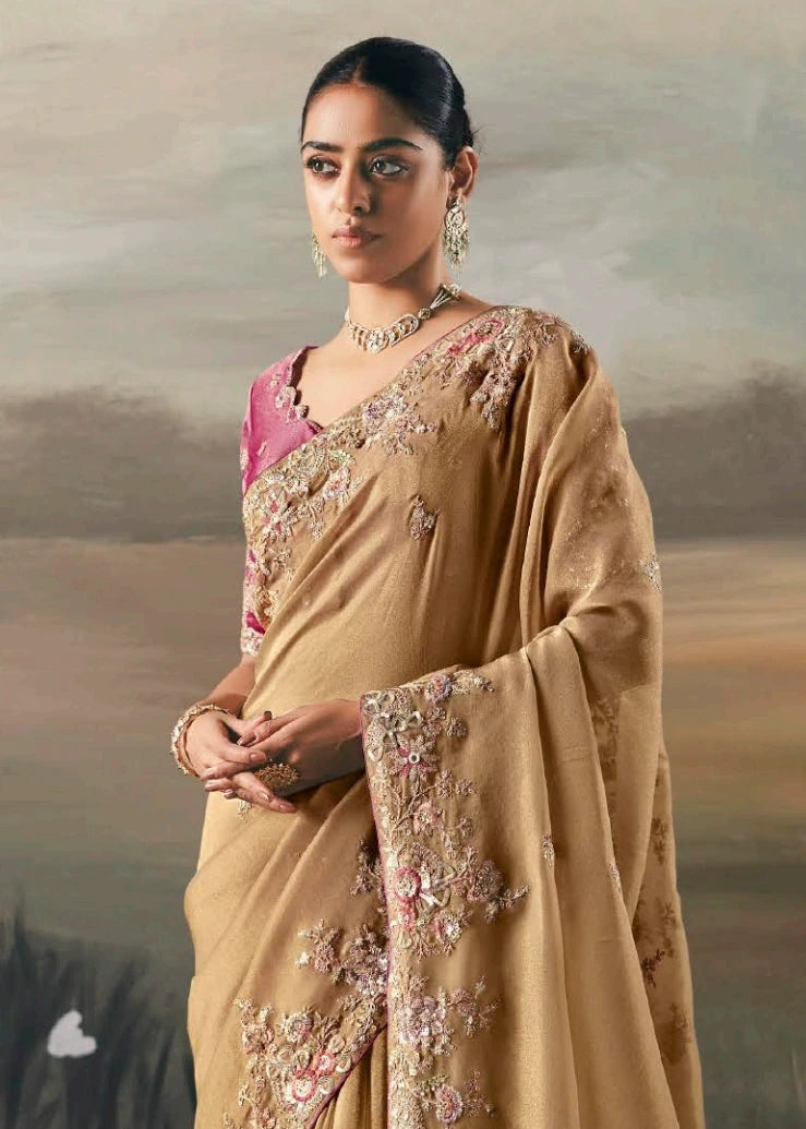 Golden Brown Tissue Silk Embroidered Bridal Saree & Pink Blouse