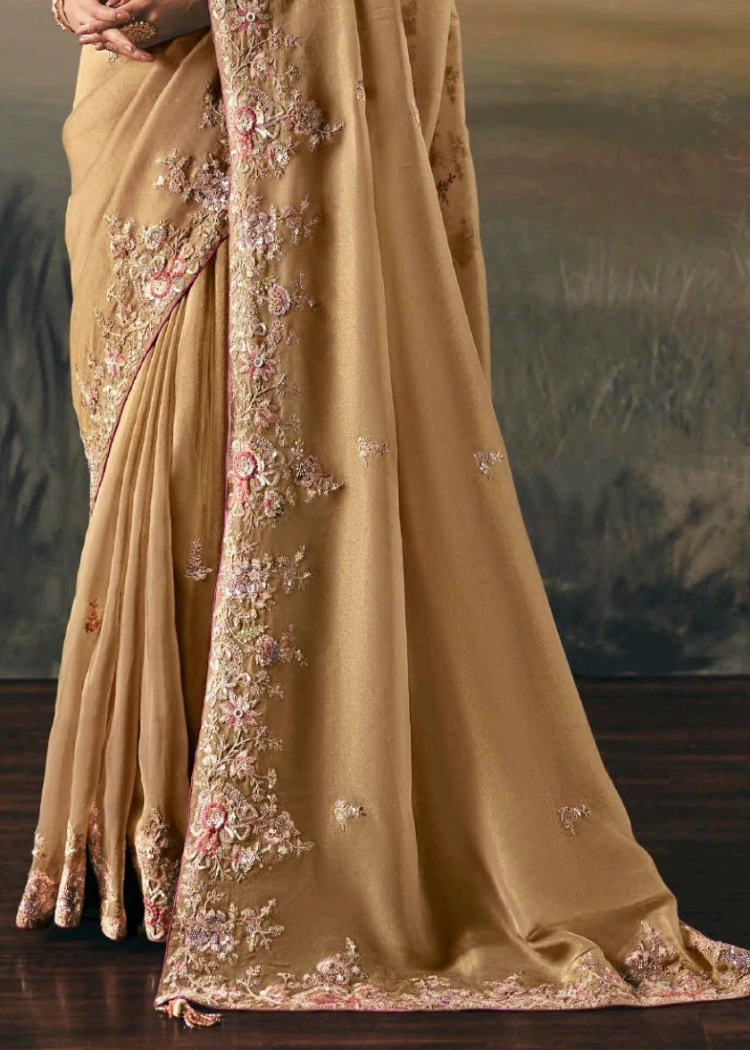 Golden Brown Tissue Silk Embroidered Bridal Saree & Pink Blouse