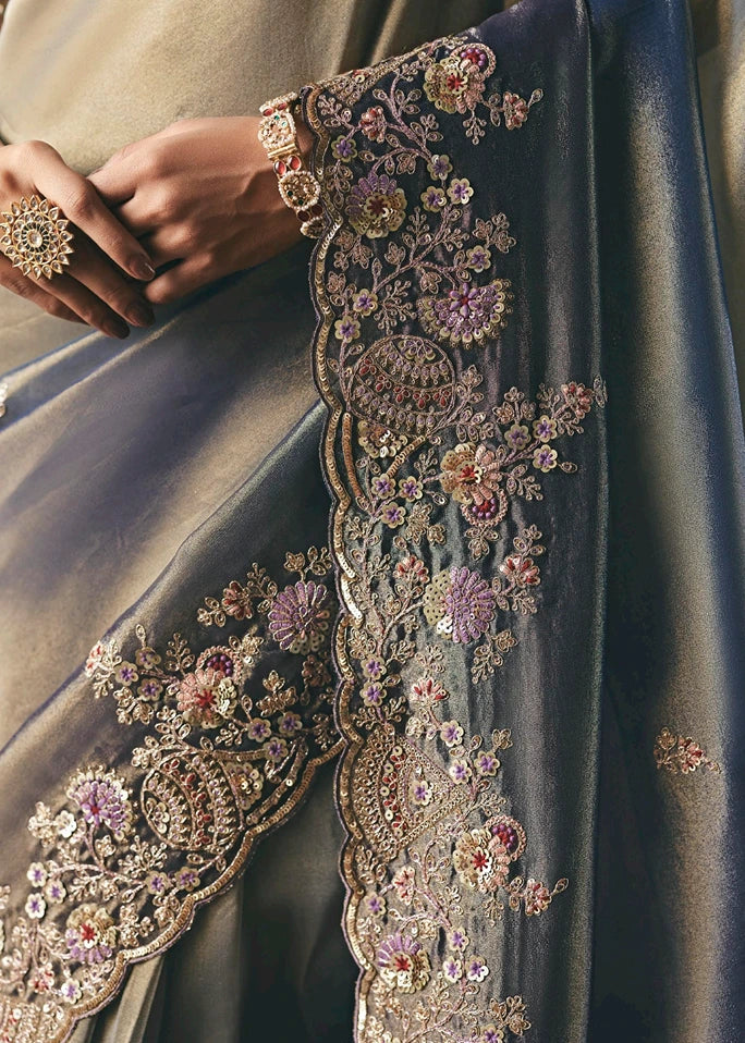 Metallic Grey Tissue Silk Embroidered Bridal Saree