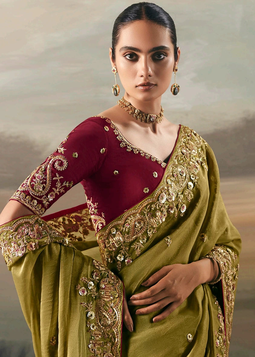 Lime Green Tissue Silk Embroidered Bridal Saree & Red Blouse