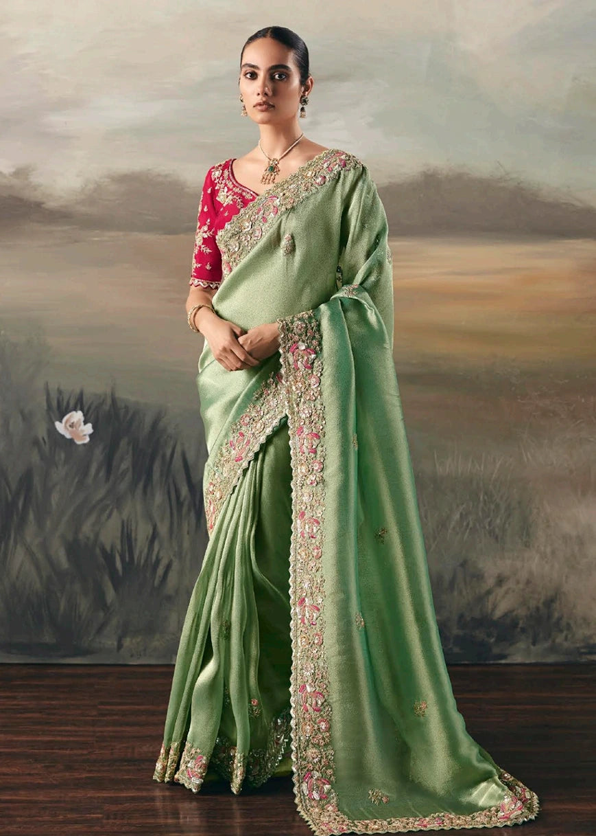 Mint Green Tissue Silk Embroidered Bridal Saree & Red Blouse
