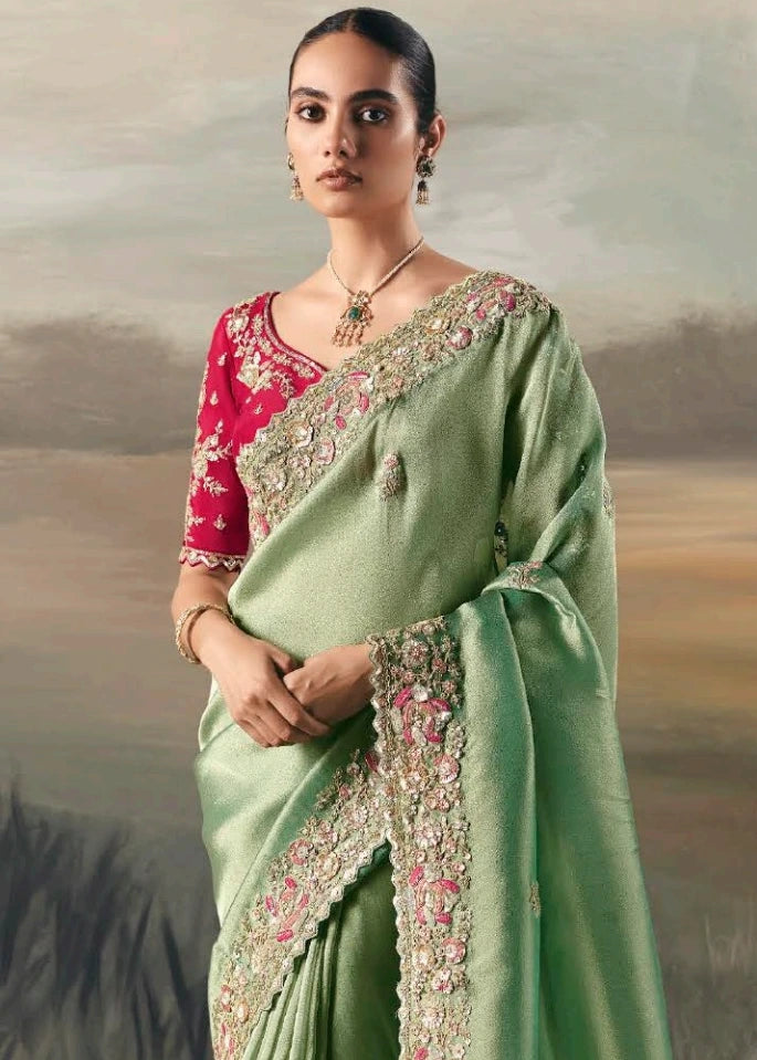 Mint Green Tissue Silk Embroidered Bridal Saree & Red Blouse